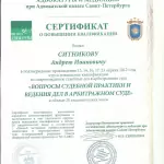 Сертификат Судебная практика и ведение дел в арбитраже - Ситников Андрей Иванович