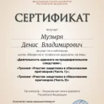 Сертификат № 5 на 5 часов - Музыря Денис Владимирович