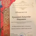 Благодарность - Кузьмина Александра Николаевна