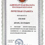 Почетная грамота - Пилюк Игорь Петрович