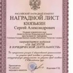 За заслуги в юр. деят - Князькин Сергей Александрович