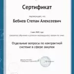 Сертификат Контур.Школа 44-ФЗ - Бебнев Степан Алексеевич