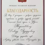 Благодарность - Тарановский Давид Эдуардович