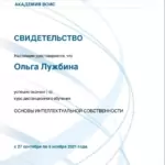 Свидетельство - Лужбина Ольга Валерьевна