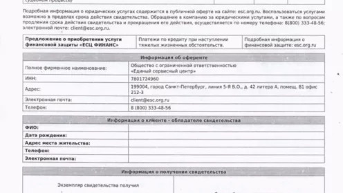 Возврат Комплекса услуг ЕСЦ от ООО “Единый сервисный центр” (ООО “ЕСЦ”)