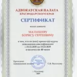 Сертификат АДВОКАТА от 19.12.2025 - Малышев Борис Сергеевич