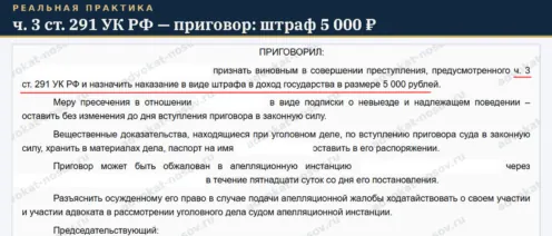 Дача взятки по ч. 3 ст. 291 УК РФ: грозило до 8 лет — приговор штраф 5 000 рублей