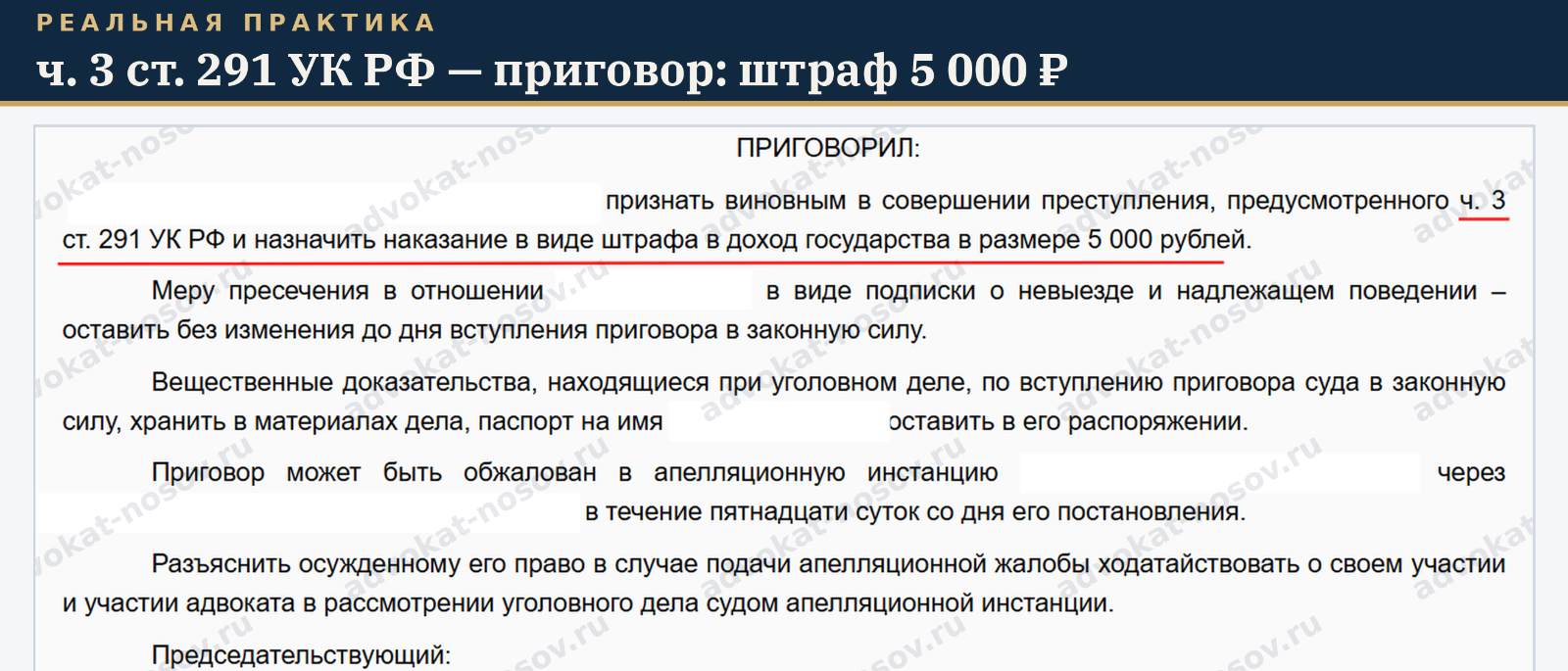 Адвокат Носов Павел Анатольевич объясняет: Дача взятки по ч. 3 ст. 291 УК РФ: грозило до 8 лет — приговор штраф 5 000 рублей