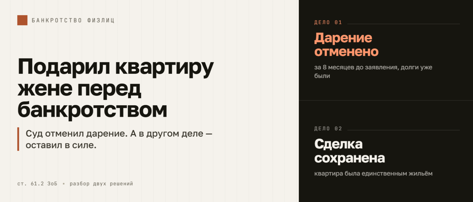 Юрист Ахременко Анна Сергеевна объясняет: Подарил квартиру жене перед банкротством – суд отменил дарение. А в другом деле – не отменил