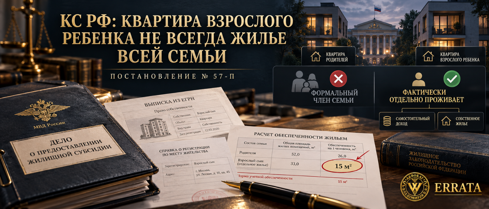 Адвокат Владимиров Вячеслав Викторович объясняет: КС уточнил, когда жилье взрослого ребенка нельзя учитывать при снятии сотрудника МВД с учета